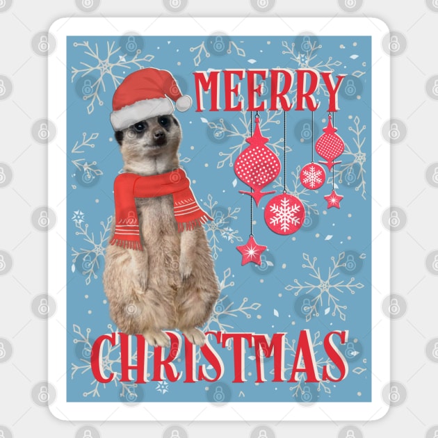 Merry Christmas (Meerry) - Meerkat in Christmas hat & scarf with snowflakes Sticker by Off the Page